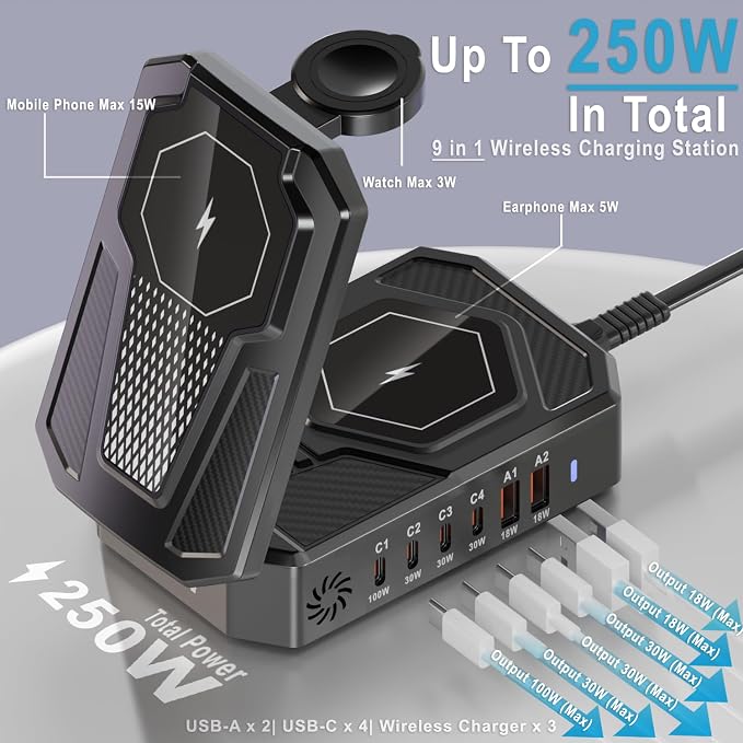 250W Charging Station for Multiple Devices Apple, Foldable 9‑in‑1 Wireless Charger for iPhone, iWatch, USB‑C PD100W Fast Charging Stand Dock for MacBook Air & Pro (Wireless Charging Only for Apple)