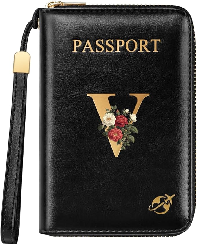 Passport Holder for Travel Wallet Women Zipper Wallets Personalized Passport Holder Cover Initial Letter Rose Flower Passport Book Holders RFID Blocking Credit Card Holder, V