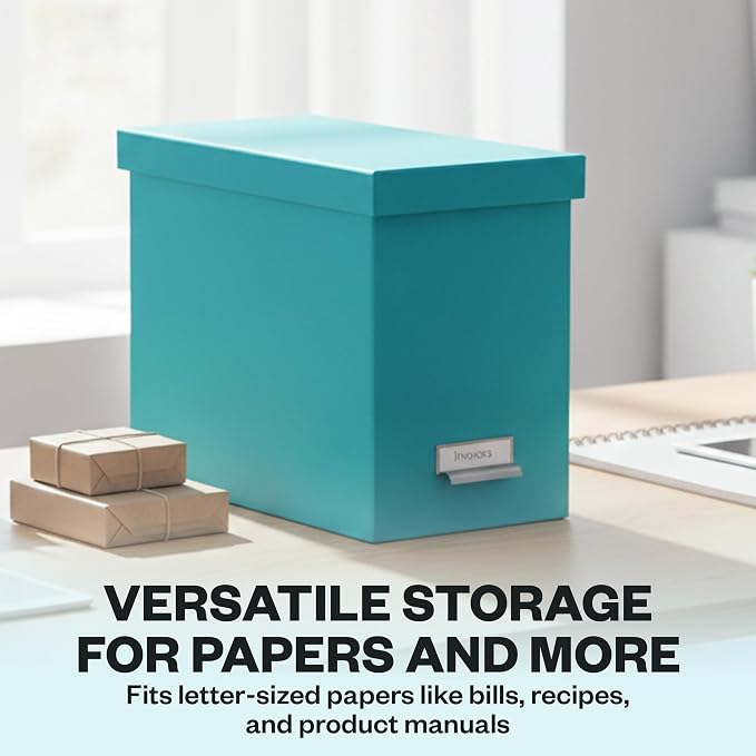 Bigso John Fiberboard Label Frame Desktop File Storage Box - Document Organizer for Important Paperwork - Durable Hanging File Box with a Lid & Metal Label Window - 7.36 x 13.38 x 10.51 in - Turquoise