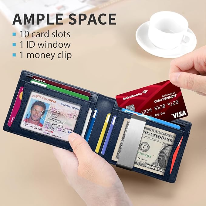 RUNBOX Slim Money Clip Wallets for Men RFID Blocking 11 Card Holder Minimalist Small Leather Bifold Men's Front Pocket Wallet Gift Box