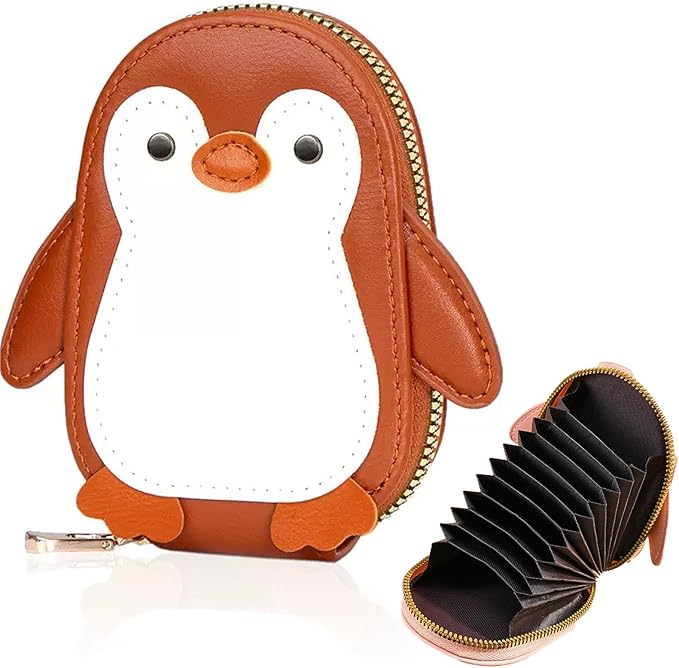 Cute Cartoon Penguin-shaped Coin Purse PU Leather Accordion Card Holder Large Capacity Zippered Money and Card Organizer Portable Mini Coin Purse (brown)