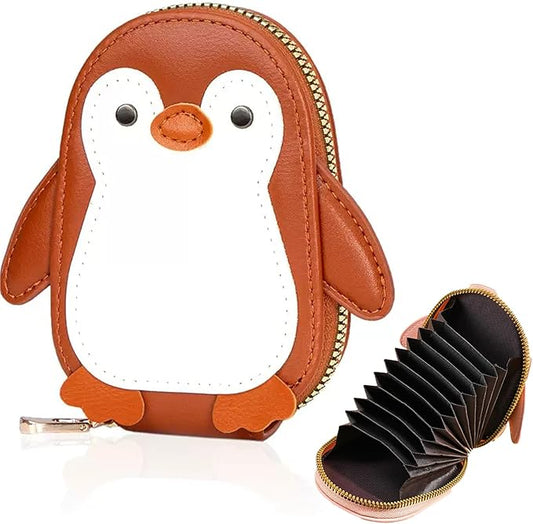 Cute Cartoon Penguin-shaped Coin Purse PU Leather Accordion Card Holder Large Capacity Zippered Money and Card Organizer Portable Mini Coin Purse (brown)