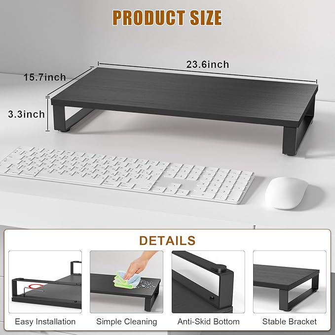 XINYAO Monitor Stand for Desk, Wood & Steel Computer Stand Riser with Storage Organizer for Office Laptop, PC, Printer 24 x 12 x 3.3 inch, Black