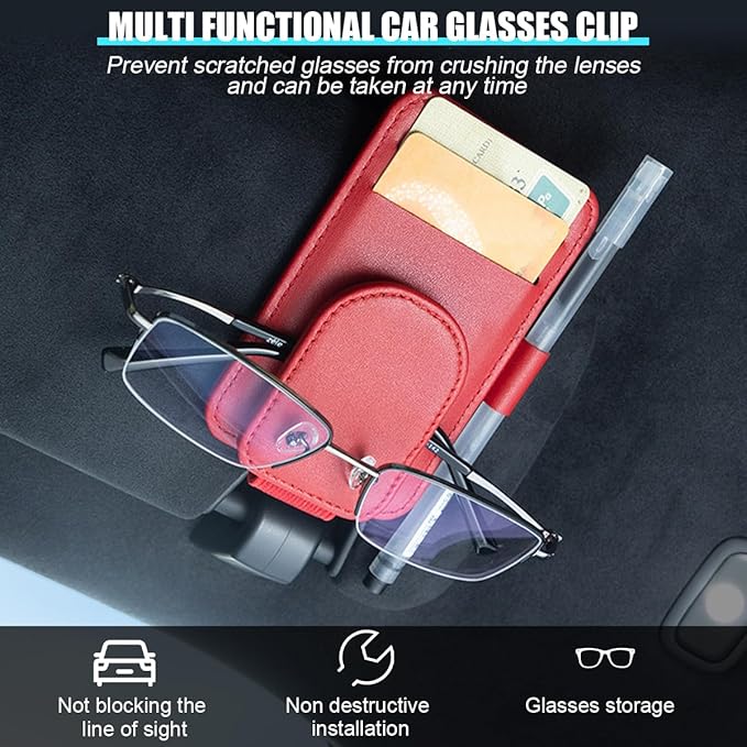 Car Sun Visor Organizer, Magnetic Leather Auto Sunglass Card Pen Pocket Holder for Registration & Drving License, Vehicle Interior Glasses Clip Accessories, Universal for SUV Sedan Truck (Red)