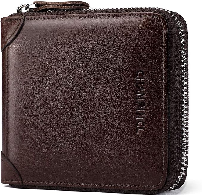 Mens Genuine Leather Zipper Wallet RFID Secure Large Capacity Double Fold Multi-card Leather Wallets for Men and coin purse