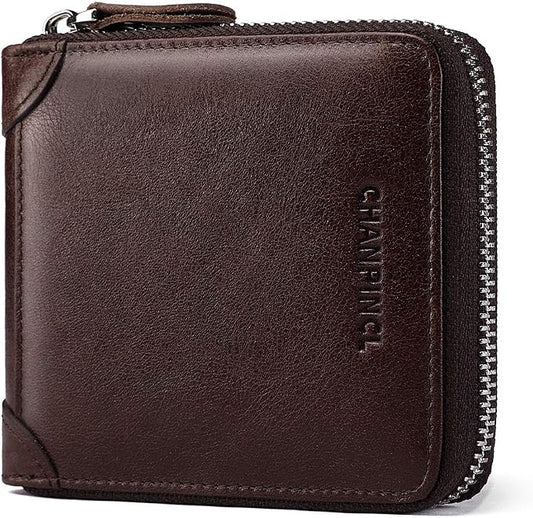 Mens Genuine Leather Zipper Wallet RFID Secure Large Capacity Double Fold Multi-card Leather Wallets for Men and coin purse