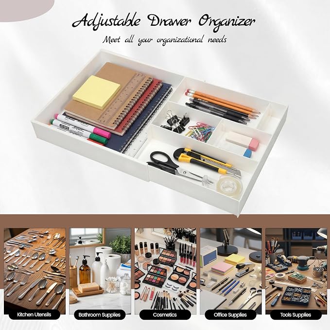 Yalikop Plastic Desk Drawer Organizer 12 x 20 Inch Large White Expandable Drawer Organizer Trays with Extendable Tray Adjustable Student Desk Organizing Tray for Makeup Office School Supplies