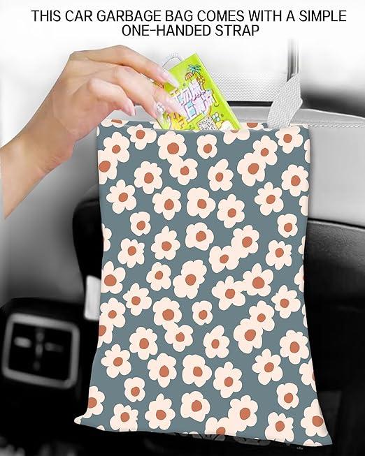 Car Garbage Can, Car Trash Bag, Car Garbage Bag, Hanging Car Trash Can for Car Accessories, Vehicle, Travelling, Camping, Cute Car Back Seat Organizer, Cute Grey Flowers