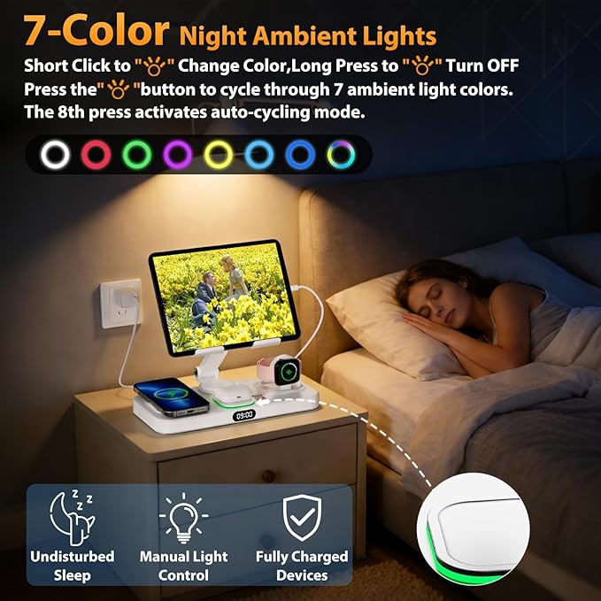 30W Charging Station for Apple Products, Foldable Wireless Charger with Clock Display&7 Color Light, Wired Charging for iPad/Tablet Charging Station for iPhone16, for Apple Watch10 for AirPods4(Cream