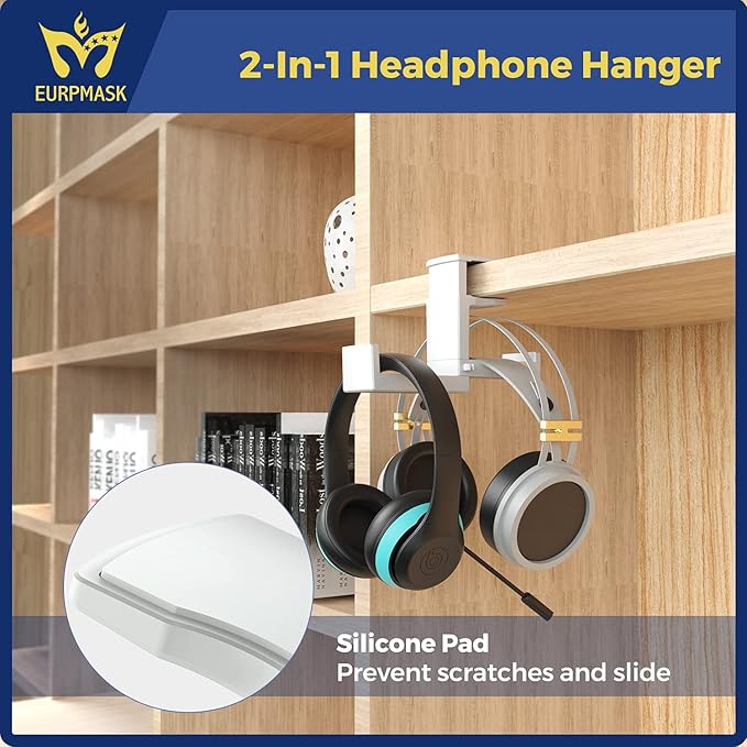 Dual Headphone Stand Holder - EURPMASK 2 in 1 PC Gaming Headset Hooks, 360 Degree Rotating Headphone Hanger with Adjustable Clamp & Cable Clip Organizer, Headset Mount Under Desk Earphone Clamp-White