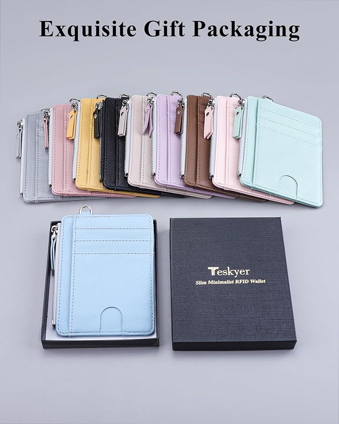 Teskyer Slim Card Holder Wallet with Zip Pocket, RFID Blocking, Total 9 Compartments Large Capacity, 3.5" x 4.7" (Slight Larger Than Usual), Faux Leather - Cyan