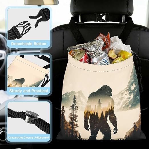 Bigfoot Mountains Forest Car Trash Bag - Waterproof Car Trash Bag Hanging Leakproof Car Garbage Bag - Washable Reusable Trash Bag For Car Interior Hanging Organizer Storage Vehicle Travelling Camping