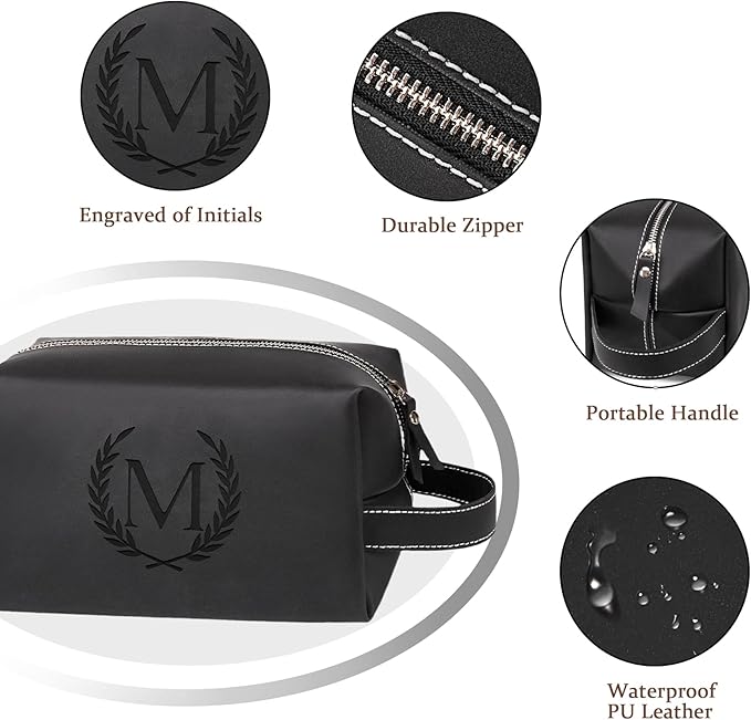 Personalized Gifts Travel Toiletry Bag for Men Engraved Initial PU Leather Waterproof Shaving Bag for Toiletries Accessories Fathers Day Birthday Gift for Men Dad Husband Son, Black Q