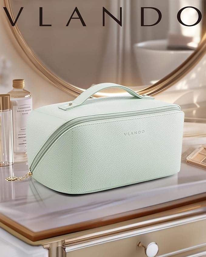 VLANDO Makeup Bag,Travel Toiletry Bag,Cosmetic Bag for Women PU Leather Portable Make up Bag for Skincare, Brushes & Travel Essentials-Mint Green