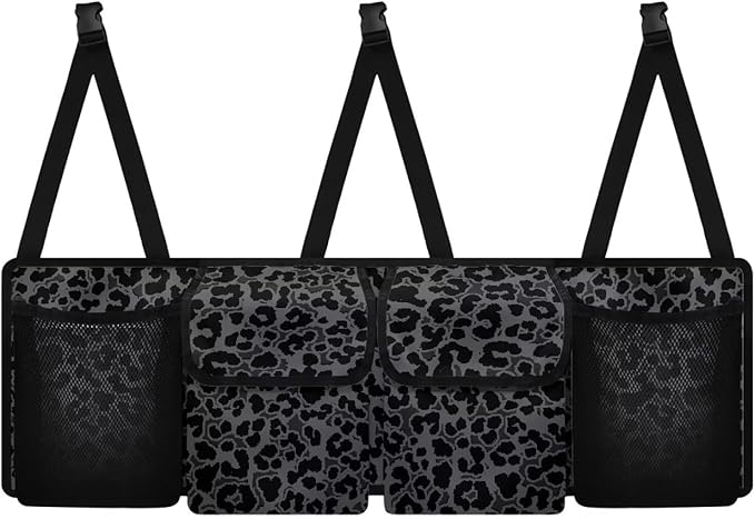 Black Leopard Print Backseat Trunk Organizer for Car Trunk Storage Bag with Lid Hanging Multipurpose Cargo Bag,Easy to Install