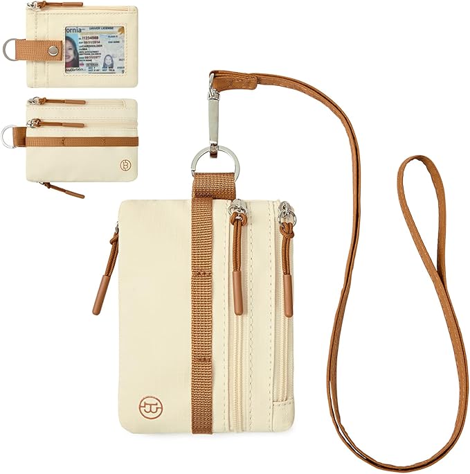 BOSTANTEN Small Wallet RFID, Minimalist Zip ID Case Wallet with Lanyard Keychain, Water Resistant Card Wallets for women & Men, Beige and Brown