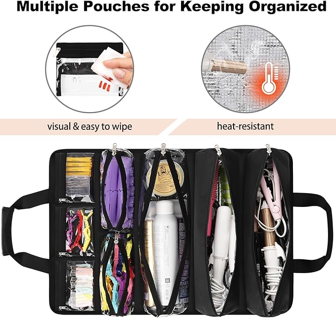 Hair Tools Travel Bag, Roll Up Tool Bag Organizer for Hair Stuff, Hairstylist Traveling Bag with 8 Detachable Zipper Pouch, Professional Cosmetology Bag for Hairdresser Barber, Heat Resistant Lining