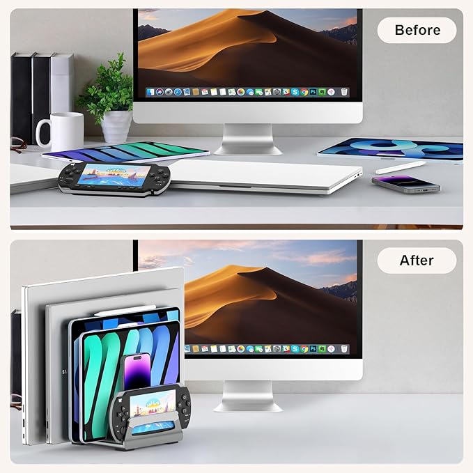 Elestoria 6-Slot Vertical Laptop Stand & Holder ?“Adjustable Aluminum Laptop Stand Vertical for Desk Fits 6 Devices, MacBook & Gaming Laptops (Up to 17.3???“Space Saving Laptop Storage Rack - Grey