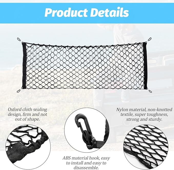 Car Rear Cargo Net, Adjustable Elastic Vehicle Double-Layer Mesh Storage Bag with Hooks, Stretchable Automotive Trunk Organizer Net, Universal for Sedan, RV, Truck (35.43" x 15.74")