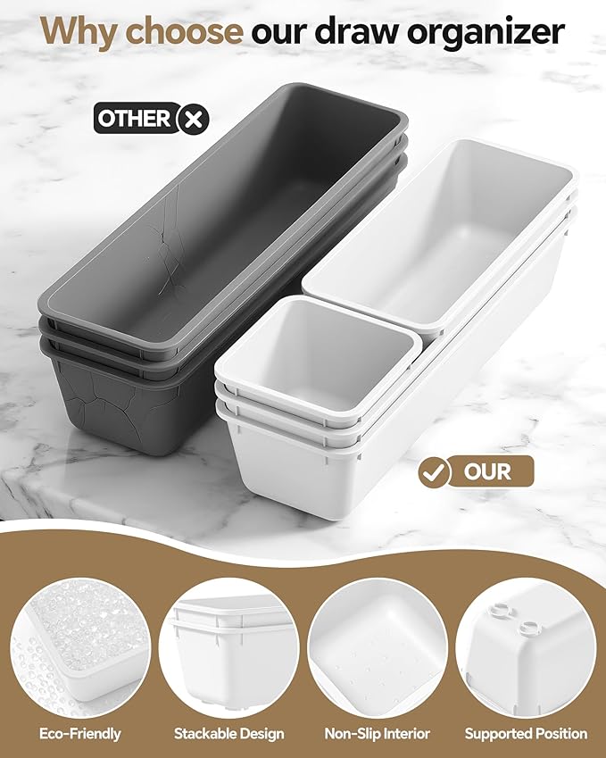 Canfanni 13 Pack Plastic Drawer Organizers Set, 3 Sizes Desk Drawer Organizer Trays for Vanity and Makeup Organizer, Organization and Storage for Makeup, Kitchen Utensils, Bathroom and Office(White)
