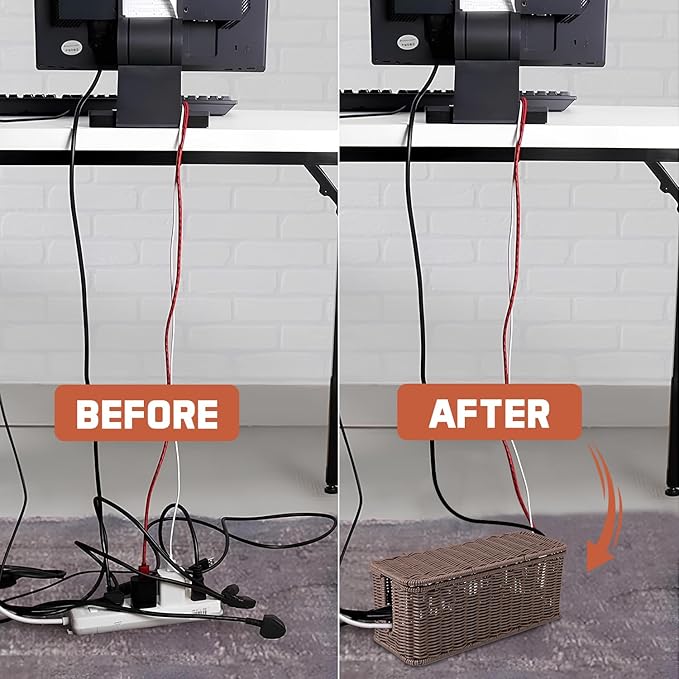 Cable Management Box, Handmade Rattan Cable Organizer with 2 Open Slots, Cord Hider for Power Strip, Router & USB Hub, Registered U.S. Design Patent (D1,112,102), 13" x 5.1" x 5.1", Brown