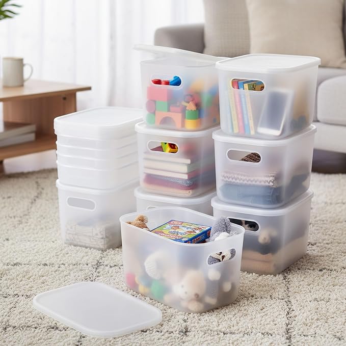Thyle 12 Pack Translucent Plastic Storage Bins with Lids 7 Quart Toy Storage Box Stackable Nestable Organizer Boxes with Handle and Labels for Classroom Shelf Bedroom Desktop Toys School Supplies