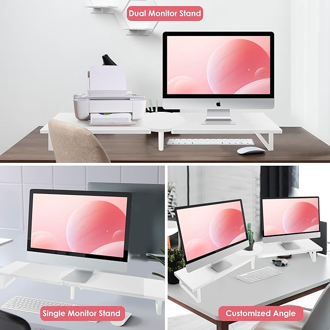 Dual-Monitor Stand for Desk - Large Adjustable Length and Angle Riser for 2 Monitors, Double Computer Desktop Organizer, Shelf for TV, Laptop, Printer