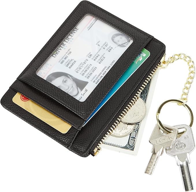 Women's Slim Minimalist Card Holder Coin Changes Purse Keychain Front Pocket Wallet With ID Window