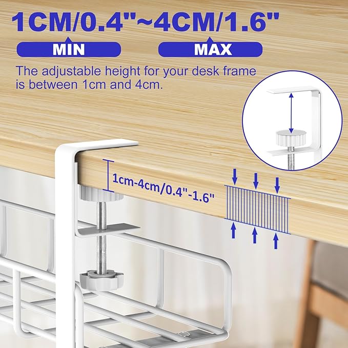 Under Desk Cable Management Tray, 31.5'' No Drill Heavy Duty Steel Cable Tray Organizers, Wire Management Tray Cable Rack with Clamp Mount, Adjustable Metal Under Desk Tray (White, 2 Pack)