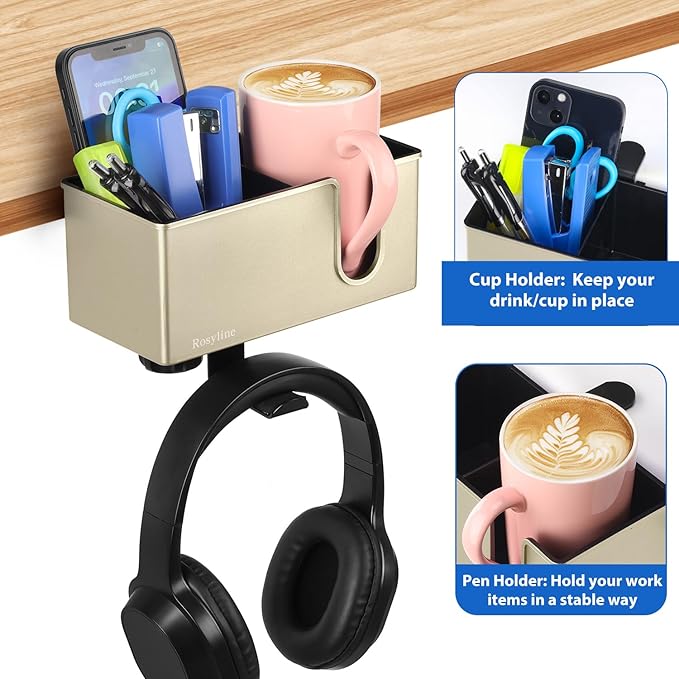 Rosyline 3-in-1 Desk Cup Holder & Clip-on Cup Holder, Clip on Desk Organizer – with Anti-Spill Function, Keeps Your Coffee, Headset, Phone & Pens Within Easy Reach, for Office Desk (Champagne)