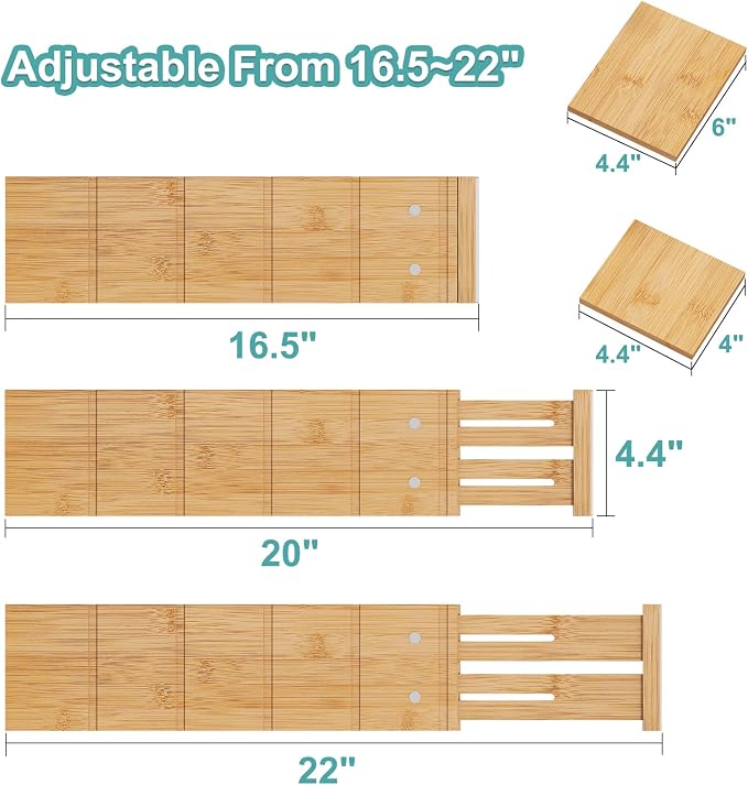 4.4" High Bamboo Drawer Dividers with Inserts, Kitchen Adjustable Drawer Organizers, Expandable Organization for Home, Office, Dressers, and Bathroom, 4 Divider with 8 Insert