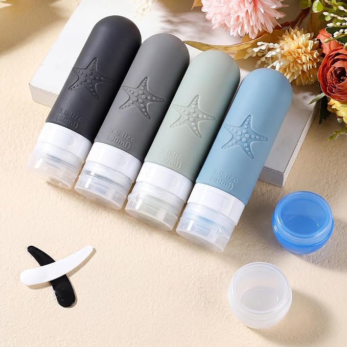 18 Pack Travel Bottles for Toiletries - TSA Approved, Triple Leak Proof Silicone Set, 3oz Refillable Travel Essentials Kit for Shampoo, Conditioner, Lotion & More, Gray, BPA Free
