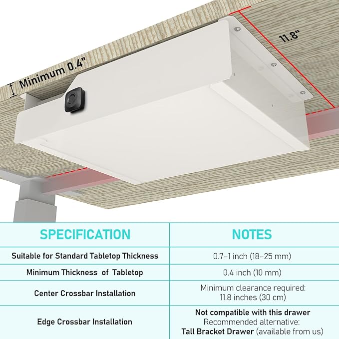 Metal Under Desk Drawer with Biometric Fingerprint Lock, Undermount Table Drawer, Slides out Tray Organizer for Paper, Pencil, and Laptop 16"x11.8"x3.6", White