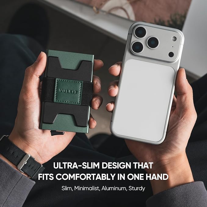 VULKIT RFID Blocking Card Holder Wallet for Men, Aluminum Expandable Backplate, Slim Minimalist Metal Pop Up Wallet, Holds 15+ Cards & Cash, Midnight Green