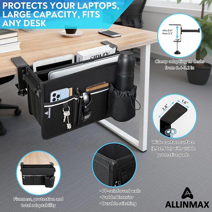 Side Desk Laptop Holder for Up to 3 Laptops, Side Desk Organizer with Adjustable Divider & Bottle Pocket, Soft-Lined Interior, Clamp Mount Side Desk Storage, Fits 0.6″-3.2″ Flat Edge