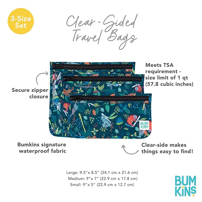 Bumkins Travel Bag, Toiletry, Baby, TSA Approved Pouch, Zip Bag, Quart Size Compliant, Clear-Sided, Diaper Bag Organization, Makeup, Accessories, Set of 3