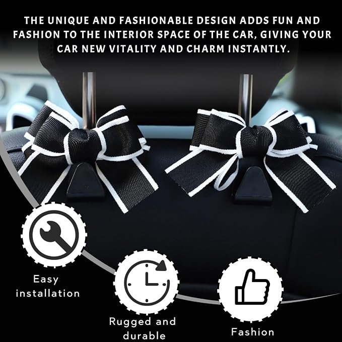2PCS Car Seat Headrest Hooks, Cute Bow Vehicle Rear Seat Bracket Hook for Purses and Bags, Automotive Purse Hook Hanger, Universal for SUV, Sedan, Truck (Black+White)