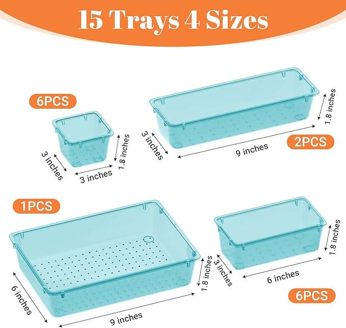 SpaceHacks 15 PCS Clear Plastic Drawer Organizer Set, 4-Size Acrylic Drawer Storage Trays, Storage Bins for Makeup, Gadgets, and Jewelry in Bathroom, Bedroom and Office, Clear Sea Blue