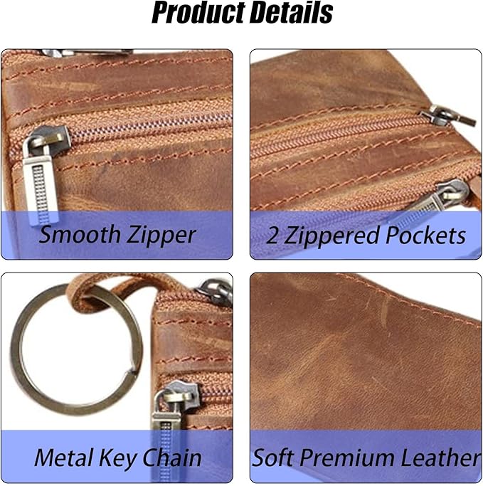 Coin Purse for Men,Coin Pouch with Zipper for Men Women,Genuine Leather Mini Coin Pocket Pouch Change Holder Mens Tray Purses Coin Purse Cash Change Wallet Key Holder Money Pouch