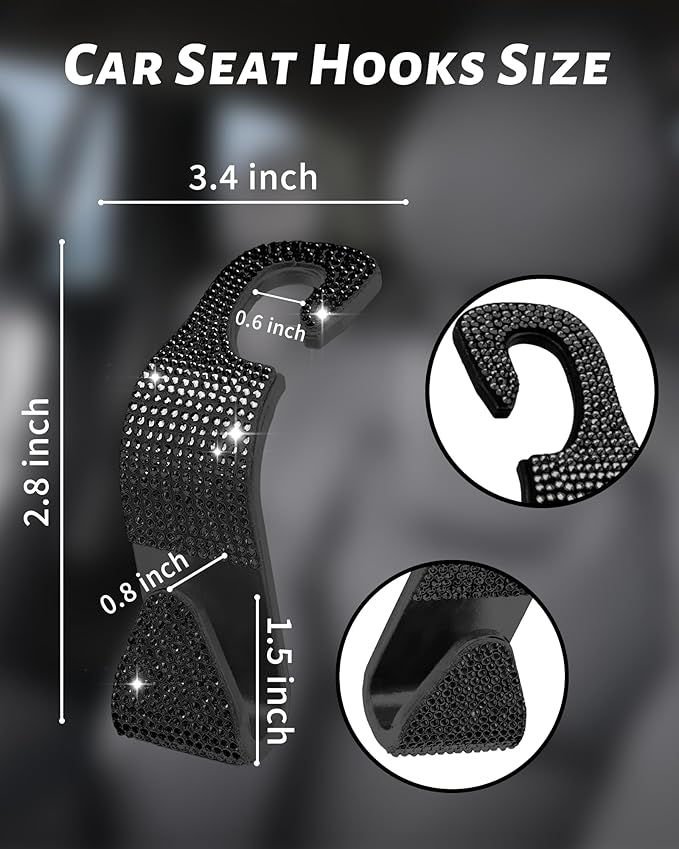 Sparkling Car Seat Hooks, 4 Pack, Black Purse Holder for Car Headrest, Chic Automotive Accessories for Women Essentials Handbag Clothes Coats Grocery Bags