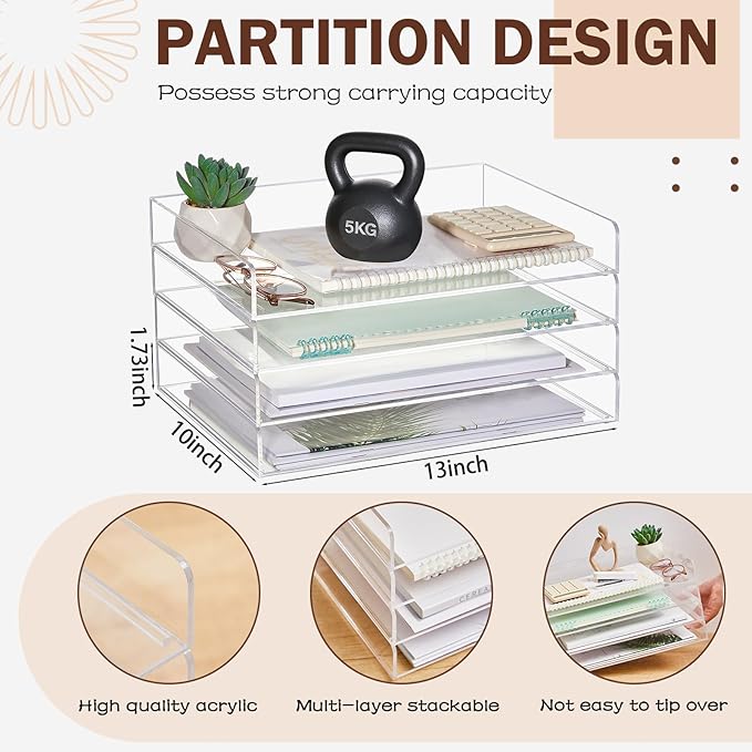 Harloon 4 Tier Acrylic Paper Tray, 13 x 10 x 1.7 Inches, Heavy Duty Stackable Organizer for A4/letter Paper, No Assembly Required, Transparent Acrylic File Storage for Office Workspace Desktop Storage