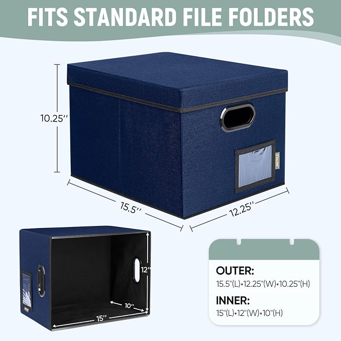BALEINE File Organizer Box with Lid, Collapsible File Folder Organizer with Plastic Slide, Filing Box for Office Home Document Organizer Storage (Blue, 1PK)