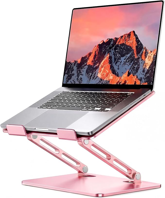 LOXP Adjustable Laptop Stand, Portable Laptop Riser, Aluminum Laptop Stand for Desk Foldable, Ergonomic Computer Notebook Holder for Desk, Office Desk Accessories (10-15.6'')- Pink