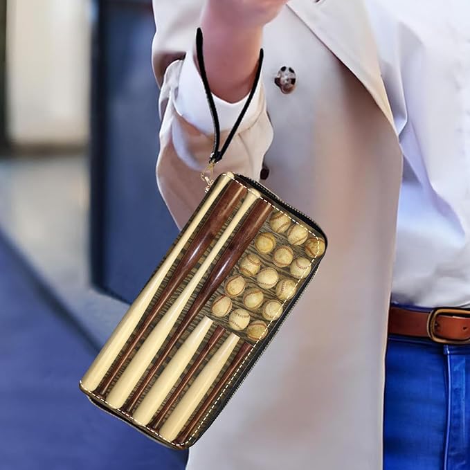 Women's Large Capacity Wallet PU Leather Zip Around Clutch Purse Multifunctional Wallet with Removable Wristlet Strap for Smart Phone/Coin/Card/Cash, Baseball Combination American Flag