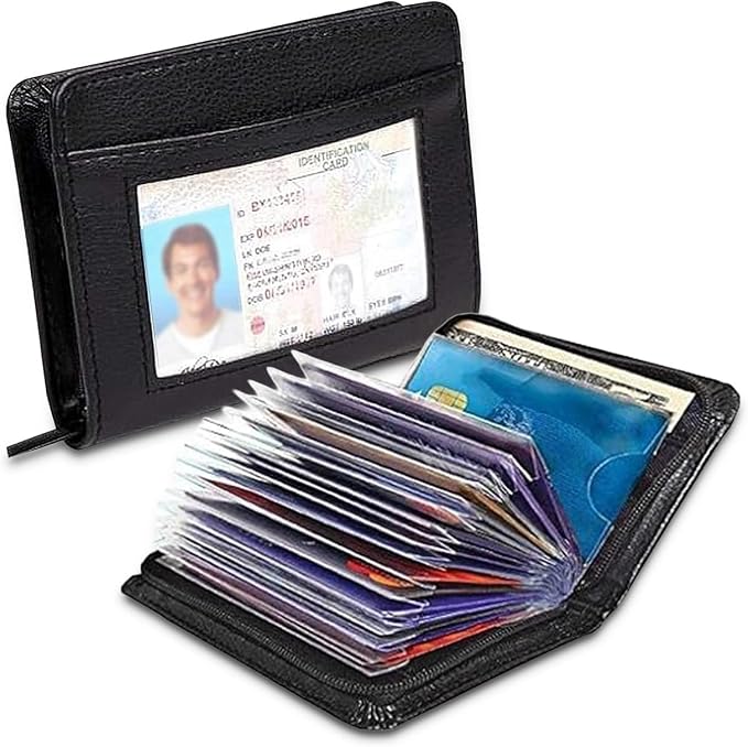 Men's Zipper Wallet with 36 Card Slots - RFID Blocking Genuine Leather Credit Card Holder, Slim Pocket Organizer with ID Window, Secure Lock Wallet for Men & Women