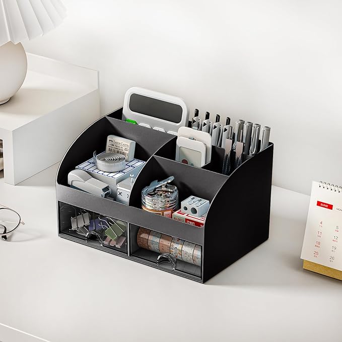 Desk Organizer with 6 Compartments and 2 Drawers, Plastic Makeup Organizer, Pen Holder for Desktop Storage, Desk Organization for School, Home, Office Supplies Black-2Pack