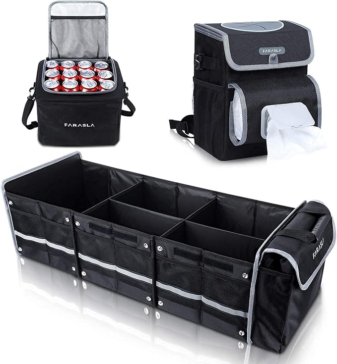 Farasla Waterproof Trunk Organizer with Leakproof Cooler Bag + Car Trash Can