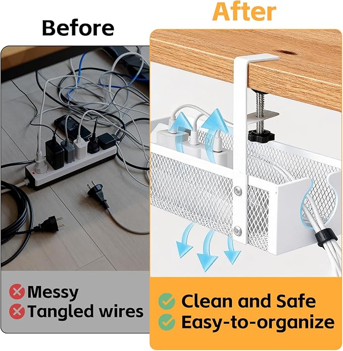 Under Desk Cable Management Tray – No Drill Metal Mesh Cord Organizer for Home Office & Standing, Adjustable Wire Organizer, Space-Saving Desk Tray (White)
