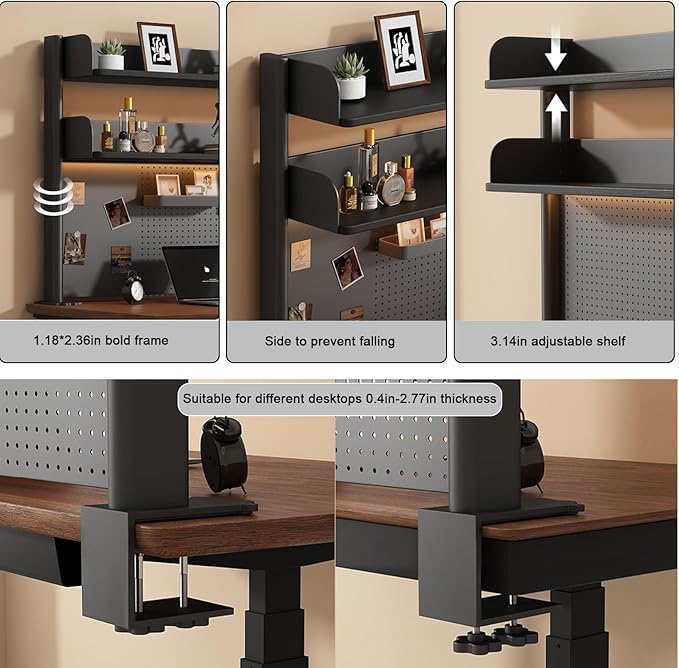 Clamp on Desk Shelf with Pegboard, Black Desktop Bookshelf Organizer Storage Shelves for Home Office Dorm Gaming Desk, Space Saving Tabletop Display Rack Organization (Black, 23.6in)