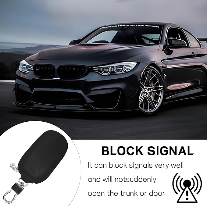 Car Key Case, Genuine Leather Auto Key Fob Protector, Universal Key Fob Cover Case with Metal Hook, Car Smart Keychain Holder for Remote Key Fob, Vehicle Keyring Zipper Bag (Black)